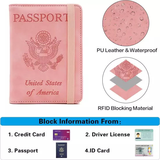 Premium Leather Passport Holder Covers Case Waterproof Rfid Blocking Wallet Pink