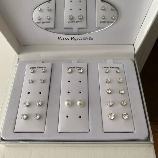 Kim Rogers CZ Metal Faux Pearl 15 Pair Stud Earrings Mega Box Set NIB