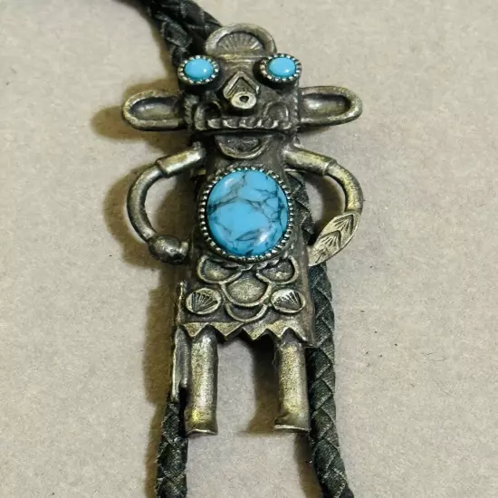 Vintage Southwestern SANCREST pewter bolo tie with faux turquoise leather