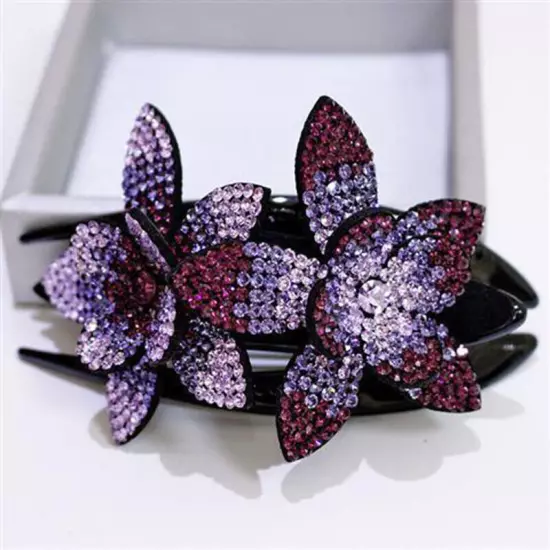 Ladies Rhinestone Double Flower Hair Clip Barrettes Crystal Comb Large Catch 1x-