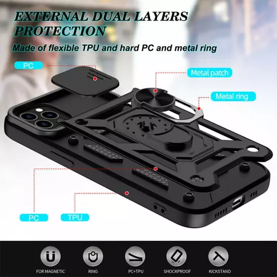 For iPhone 16 15 14 13 12 11 Hybrid Shockproof Case Camera Lens Cover Ring Stand