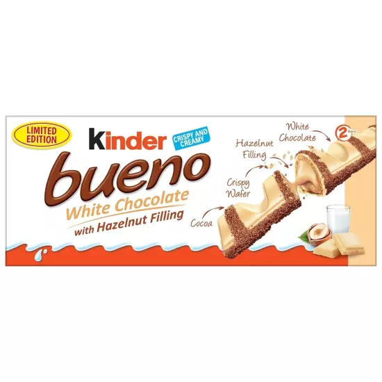 Italian Kinder Bueno WHITE Chocolate Bars - Pack OF 30 - 2 Bars/pack, Limited