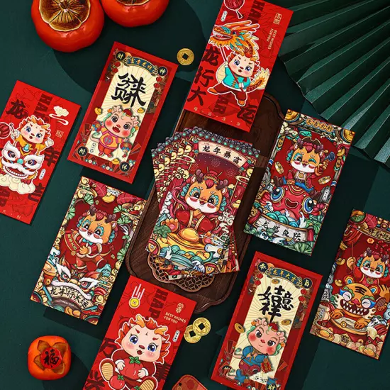 6PCS Chinese Red Envelope 2024 Year Of The Dragon Hong Bao Festival Red PackeJO