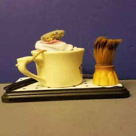 Taxidermy Mouse Mice in Mug Bathing Shaving Tail around Handle 7x4.5x5"