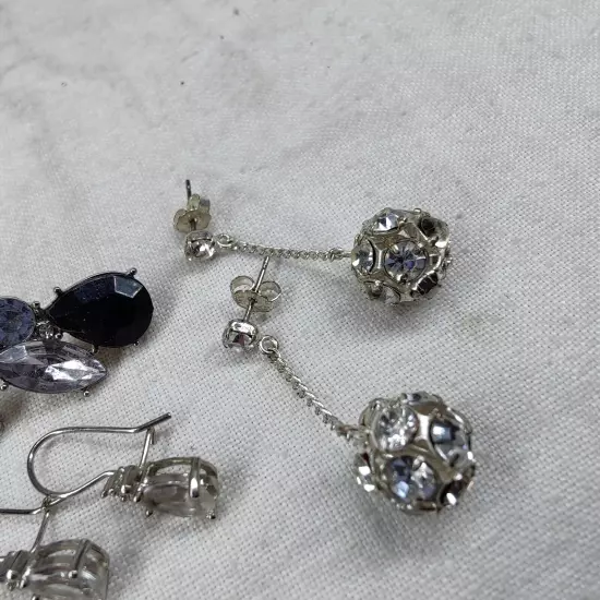 Lot Of 5 Vintage & Modern Costume Rhinestone Earrings Dangle Hoop Silver Tone