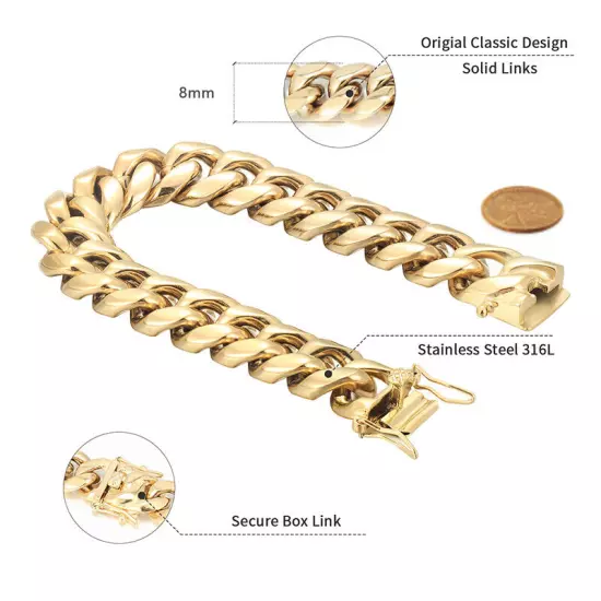 Men's Solid Miami Cuban Link Bracelet Chain 14K 18K Gold Plated Stainless Steel