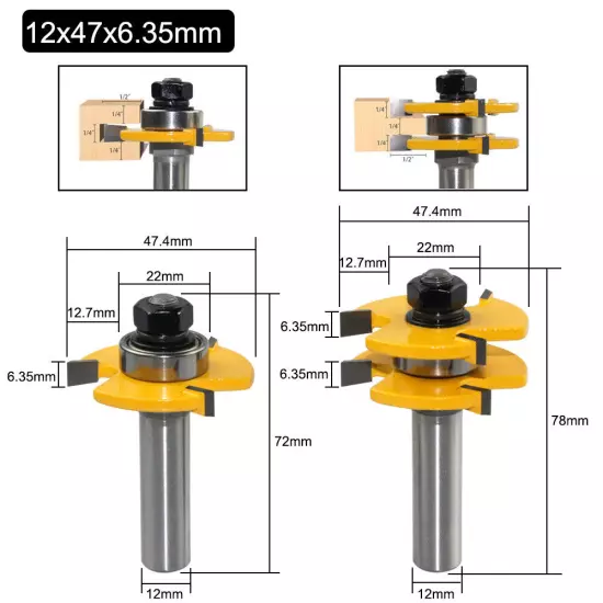 3PCS 1/2in(12.7mm) or 12mm Shank Joint Router Bits Set Tongue & Groove