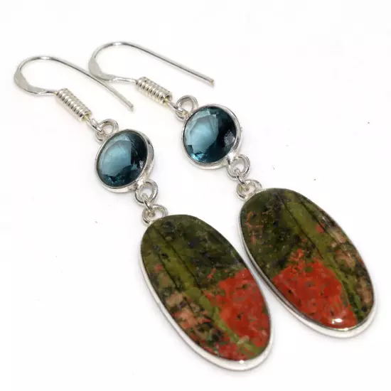 925 Silver Plated Unakite Blue Topaz Ethnic Long Earrings Jewelry Size 2.5" JW