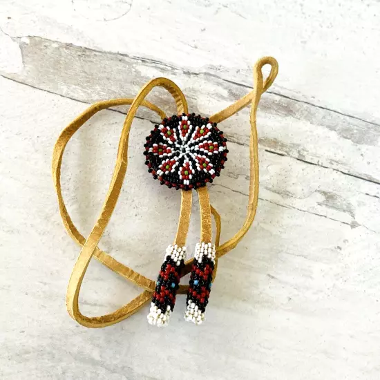 Vintage Deerskin Bolo Tie Southwestern Necklace Black Red White Peyote Stitch