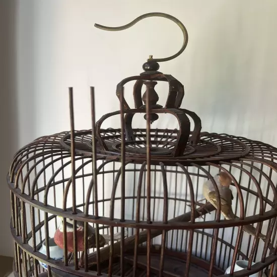 Vintage Chinese Bamboo Song Bird BirdS Cage Porcelain Feed Bowls