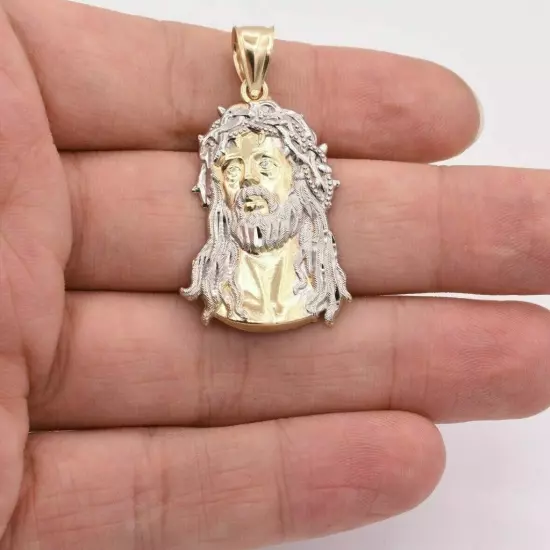 1 3/4" Jesus Head Diamond Cut Two-Tone Pendant Real SOLID 10K Yellow White Gold