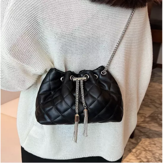 Black Mini Quilted Metal Tassel Decor Chain Bucket Bag