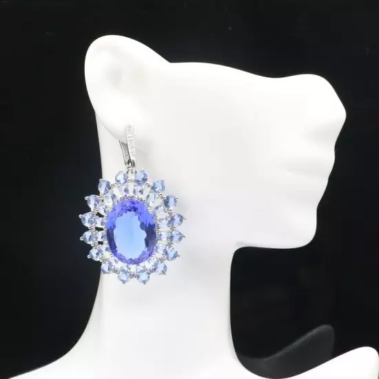 Romantic Long Big Heavy 20x15mm Rich Blue Violet Tanzanite CZ Silver Earrings