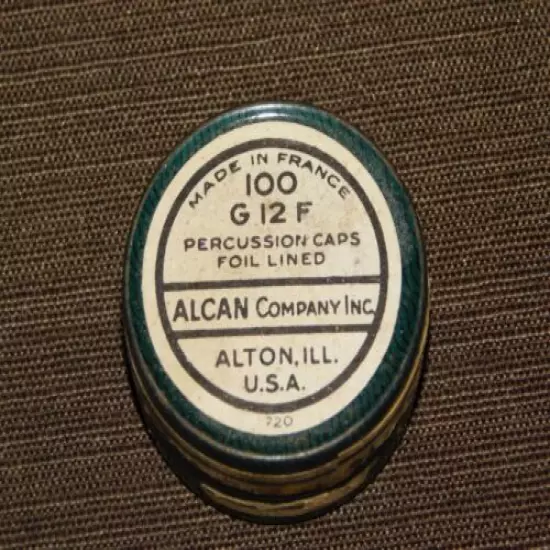 VINTAGE BLACK POWDER RIFLE ALCAN FRANCE ALTON ILL PERCUSSION CAPS TIN **EMPTY**