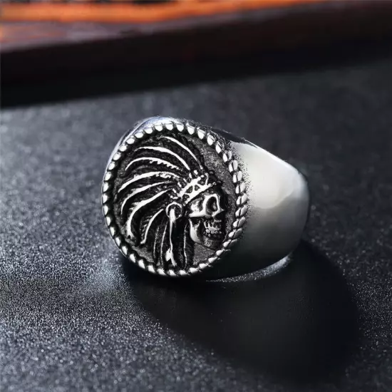 Gothic Indian Tribal Chief Skull Ring Stainless Steel Feather Skull Biker Ring