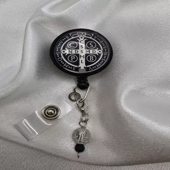 St Benedict Medal Glass ID Badge Reel Holder Retractable Clip