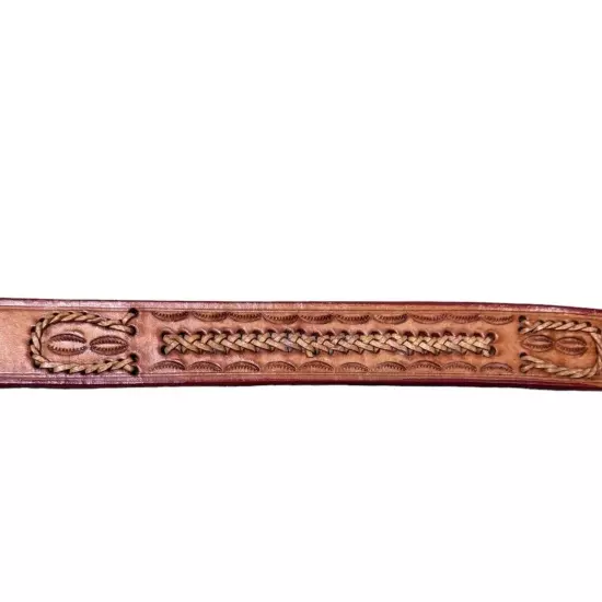 Hand Tooled Brown Leather Belt with Woven Details, Braided leather Size 38