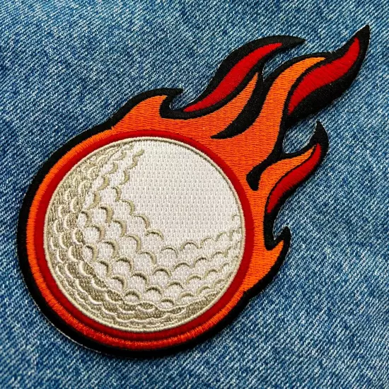 FLAMING GOLF BALL PATCH - new IRON-ON APPLIQUE SPORTS EMBROIDERED LINKS CLUB new