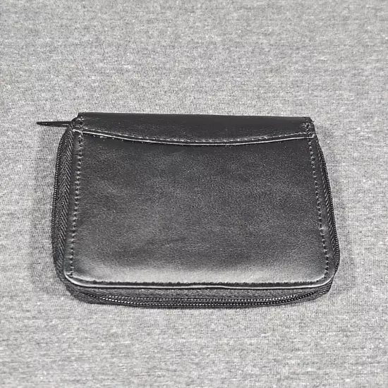 Black Leather Zip Around Wallet Unisex 8 Photo Capacity Coin Pouch Travel Money 