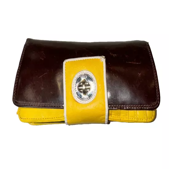 Roots Women's Leather Classic Clutch Trifold Wallet - Black & Yellow - Card & Id