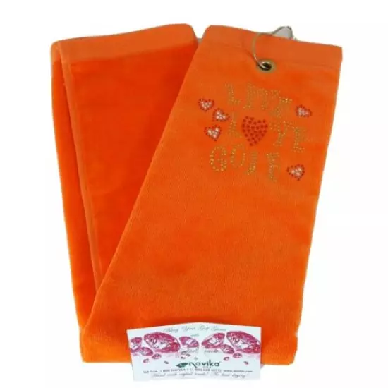 Navika USA Crystal Terry Cloth LIVE LOVE GOLF Towel with Clip Hearts Orange NWT