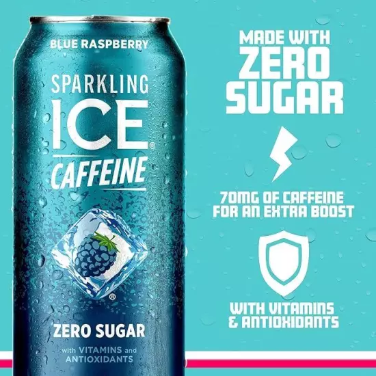 Sparkling Ice +Caffeine Blue Raspberry Sparkling Water, with Antioxidants and Vi