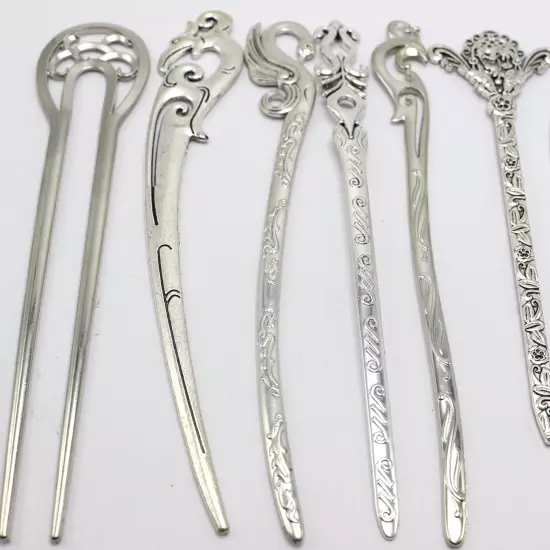 5 Pcs Tibet Silver Metal Hair Forks Traditional Hair Stick Chopstick Chignon Pin