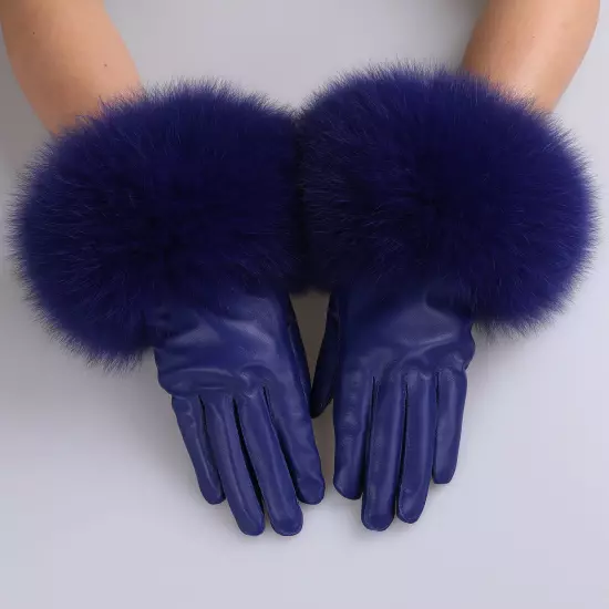 Women Genuine Lambskin Leather Gloves With Real Fox Fur Trim Cuff Winter Warm