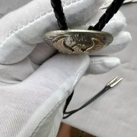 Stunning Tooled Gold And Silver Eagle Bolo Tie Vintage