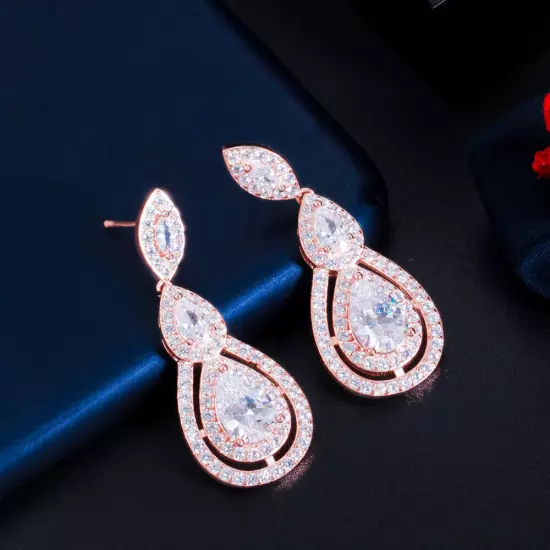 Elegant Rose Gold Plated Cubic Zirconia Dangle Drop Earrings Women Party Jewelry