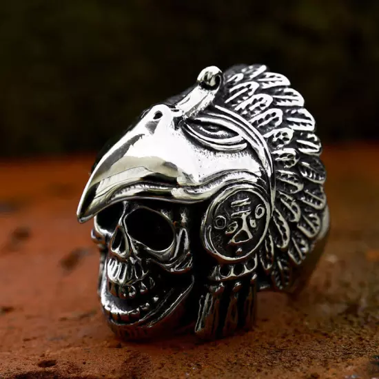 Indian Eagle Beak Helmet Skull Ring Stainless Steel Gothic Biker Skull Punk Ring