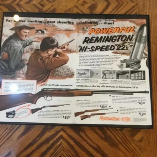 VINTAGE Remington large 22 rifle add from the 50s framed 12x16" pics and info