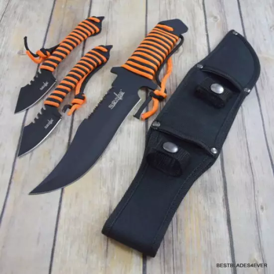 SURVIVOR FIXED BLADE HUNTING KNIFE & 2 THROWING KNIFE COMBO NYLON SHEATH 