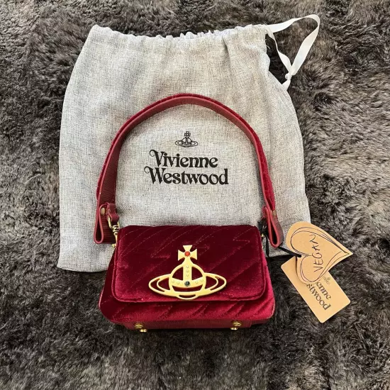 VIVIENNE WESTWOOD Nana Burgundy Velvet Hazel Quilted Clutch Purse Crossbody Bag