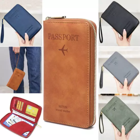 RFID Leather Travel Passport Case Cover Zipper Wallet Card Holder with Wristband