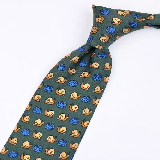 HERMES TIE 7461 HA Snail & Cabbage on Green Silk Necktie