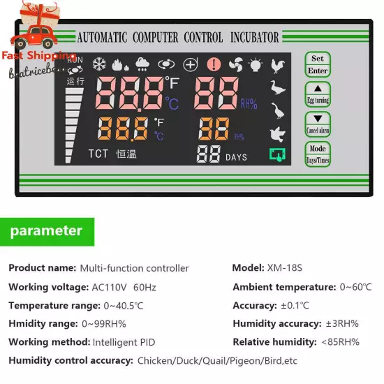 Automatic Egg Incubator Controller Thermostat Temperature Humidity Sensor XM-18S