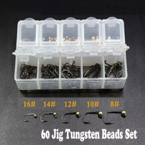 1set 60 Degree Jig Hooks Slotted Tungsten Beads Combo Fly Tying Head Bead Hooks