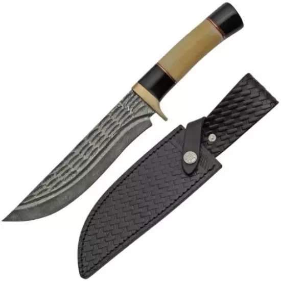 Damascus Hunter Fixed Knife 7.25" Damascus Steel Blade Bone/Horn Handle 1227BO