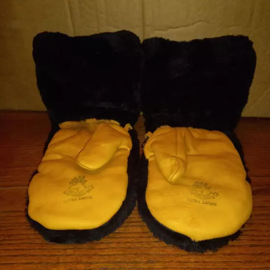 Vintage Buckskin Faux Fur Insulated Winter Mens Mittens X-Large Black Tan