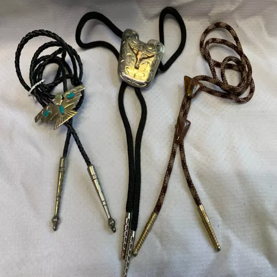 Bolo Tie Lot Eagle w/ Turquoise Stones Bull Brown Marbled Stones Slides Jewelry