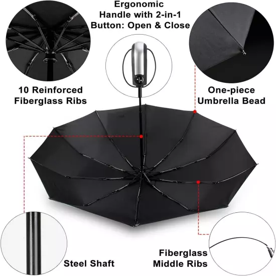 46" Large Umbrella Automatic Open & Close, Anti-UV & Windproof Fiberglass Ribs