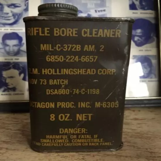 Vintage Rifle Bore Cleaning Oil Hollingshead 1973 US Army Military Tin Can Gun