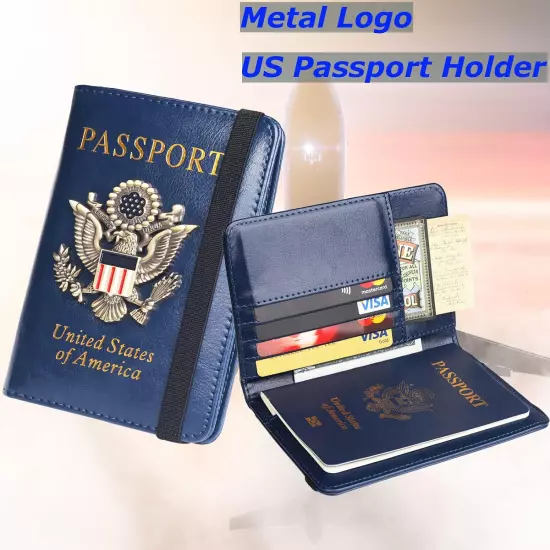 Passport Holder Wallet Cover for Men Women Family, Metal US Badge Passport Case 