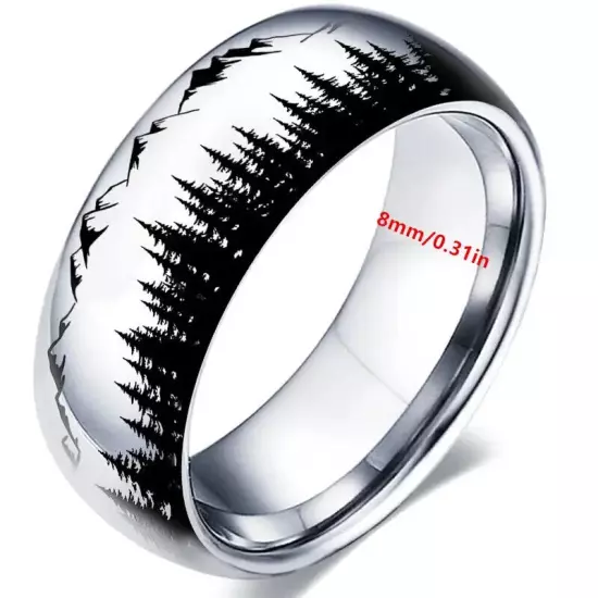 Wolf In The Forest Outdoor Pattern Men's Ring, Black Silvery Color Stainless Ste