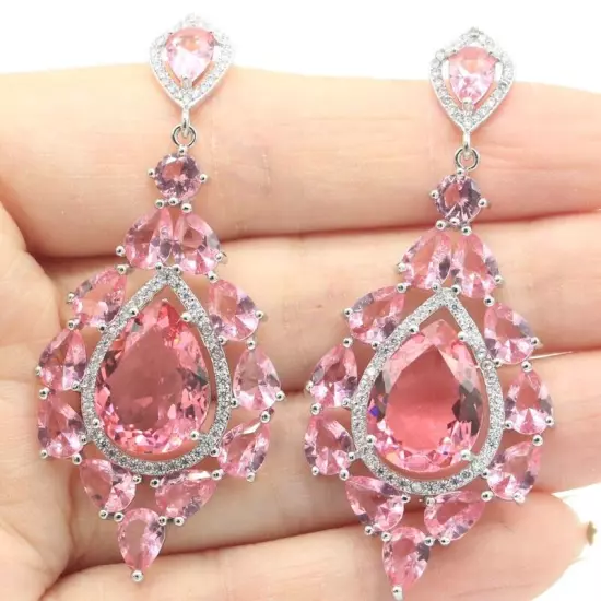 Deluxe Long Big Heavy Created Pink Morganite CZ Gift For Sister Silver Earrings