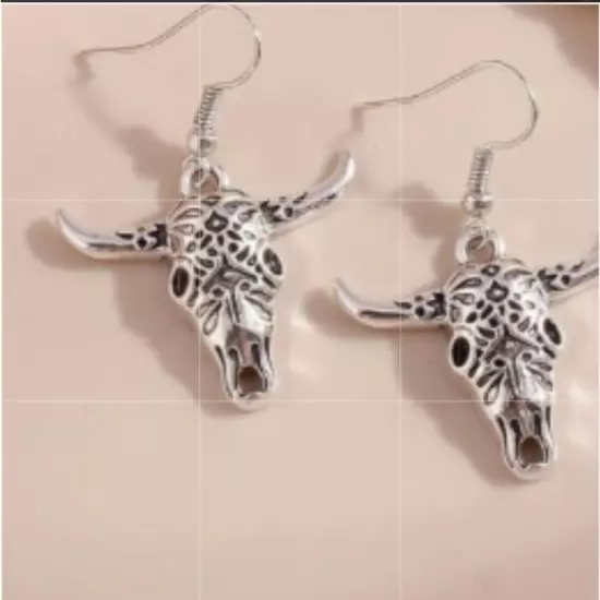 New Cowboy Boho Steer Longhorn Bull Earrings Silver-tone Pierced 2”L Laser Cut