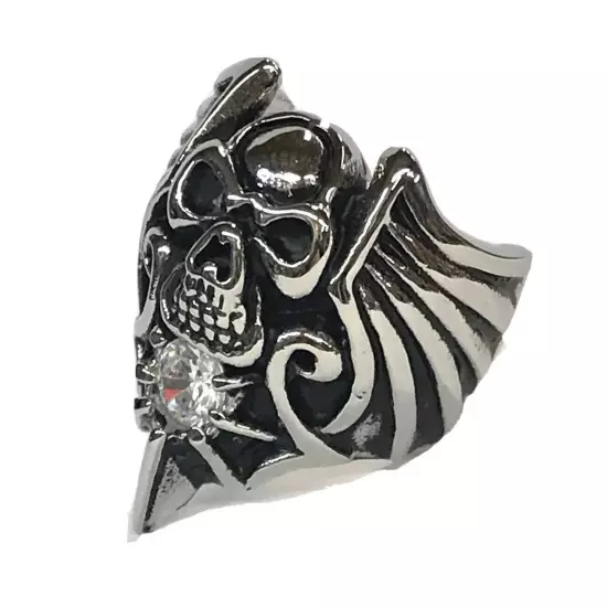 Stainless Steel Men’s Biker Style Ring Size 8 Skull & CZ Stone 19+ Grams