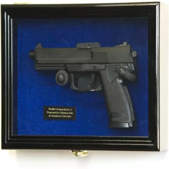 Gun Display Case Wood Black Blue Felt Handgun Pistol Revolver Lock US Shadow Box