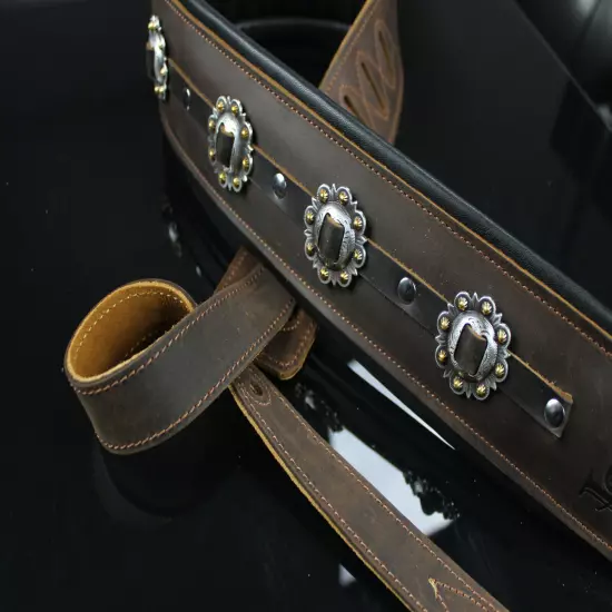 Iconic CUSTOM SHOP Conchos 3.25" Brown Leather Padded Guitar Bass Strap #1